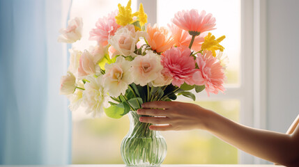 Hands arranging flowers in a vase by bright sunlight