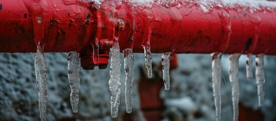 Frozen icicles hanging from a red sewer pipe after freezing rain. - obrazy, fototapety, plakaty