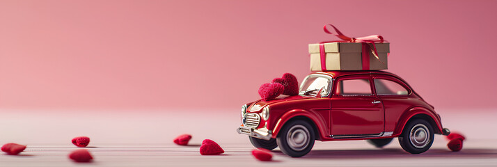 Red toy car delivering carrying on the roof gift box with small red hearts on pink background, copy space for text - Powered by Adobe