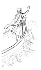 Jesus calms the storm. Pencil drawing