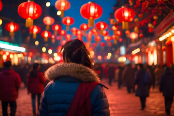 People walking in the city, Chinese lanterns in the night streets, generative AI