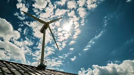 Sustainable Living. Green energy. At home production. Small Wind Turbine Harnessing Clean Energy atop a Rural House under the Radiant Sun