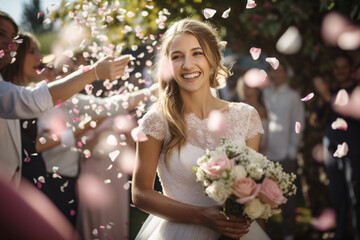 A happy bride on her wedding day, flowers flying through the air