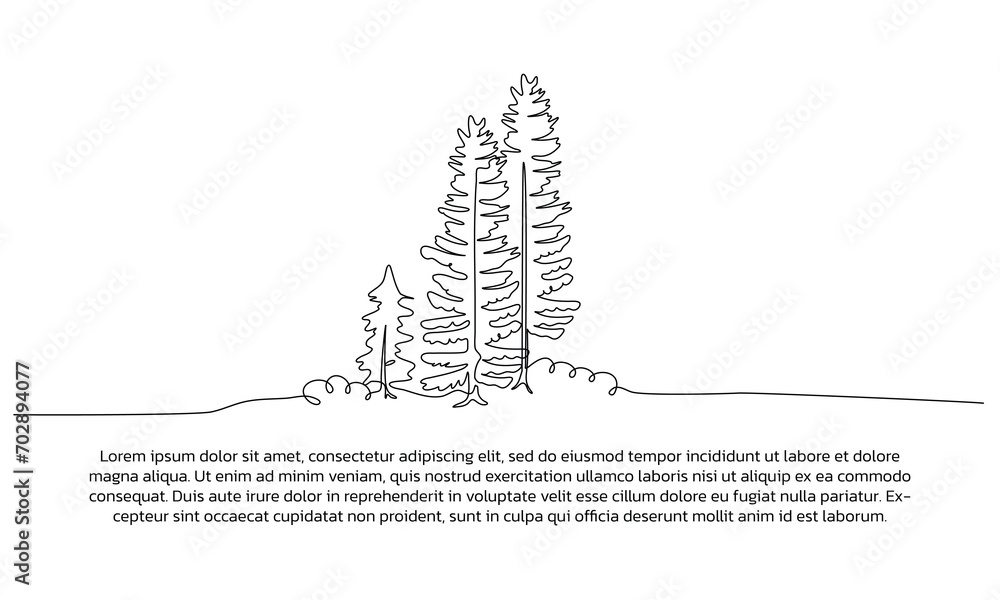 Poster continuous line design of pine tree landscape. single line decorative element drawn on white backgro