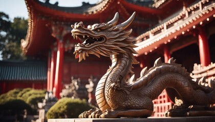 A wooden dragon statue shining in the sun, a symbol of the Chinese New Year