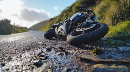 A motorcycle accident, the motorcycle lies on the side of the road against the background of the...