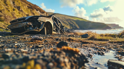 Car accident. A heavily damaged car washed up on the seashore after an accident. - obrazy, fototapety, plakaty