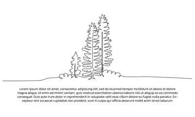 Continuous line design of pine tree landscape. Single line decorative element drawn on white background.