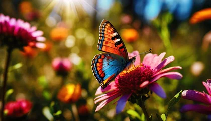 Fototapeten Macro shots, Beautiful nature scene. summer spring field in background blue sky with sunlight and flying butterfly, nature view. © blackdiamond67