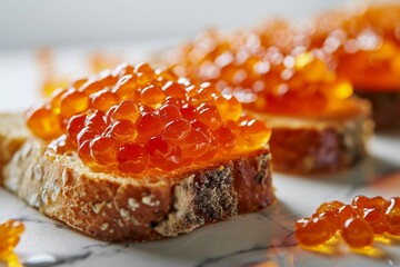 Red caviar on a toast, rich in omega fats and vitamins, delicious russian food