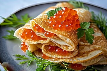Thin pancakes with red caviar wrapped in it, traditional russian food for Maslenitsa holiday - obrazy, fototapety, plakaty