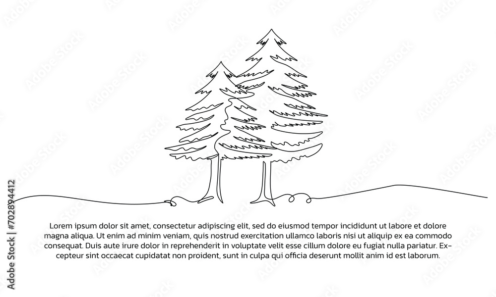 Poster continuous line design of pine tree landscape. single line decorative element drawn on white backgro