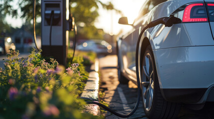 A white car is charging in a parking lot against the backdrop of the street at sunset. Charging an electric vehicle. Close-up. Green energy concept.
