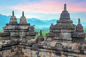 Borobudur, Buddist temple in Yogyakarta, indonesia at sunset.