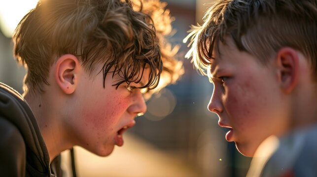 Portrait of two angry male boys teenagers fighting and shouting to one another at school yard on sunny day