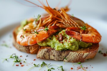 Toast with guacamole and fried langoustine, white background, close up