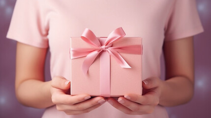 Woman hold  pink gift box in hands.	Celebration concept
