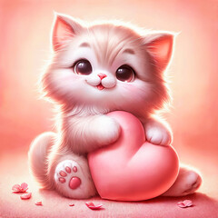 An adorable kitten with a fluffy white coat clutching a soft pink heart on a glowing warm background. The kitten's large, expressive eyes and playful pose give the image a cute and heartwarming charac