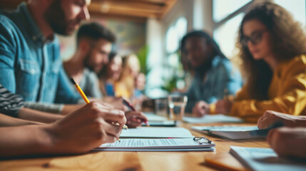 Obraz premium The multi-racial diverse group of people working with paperwork on a board room table at a business presentation