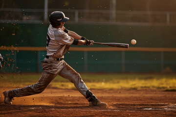 A baseball player hits a ball during a game on the field.