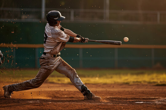 A baseball player hits a ball during a game on the field.