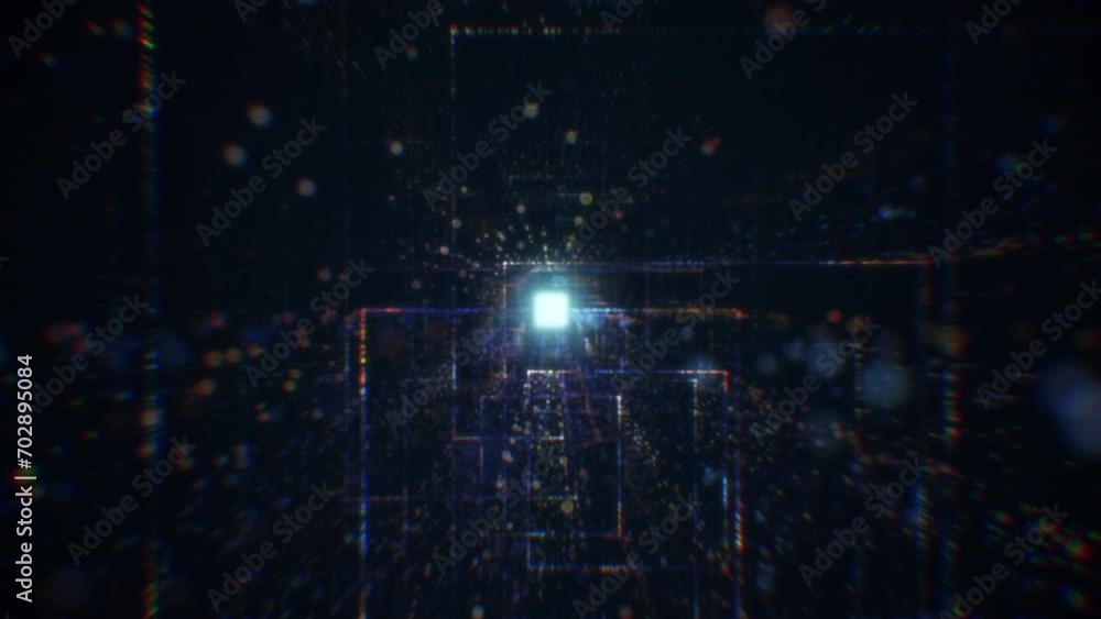 Poster abstract digital tunnel in cyberspace consisting of particles. virtual space consisting of a bright 
