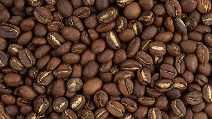 Panoramic background of roasted coffee beans. Ethiopian arabica coffee