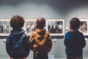 Focus on back view small two afro American kid boys with interest looking on pictures on the wall in gallery in Black history in community center on Black history month celebration - obrazy, fototapety, plakaty