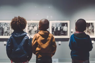 Foto op Aluminium Focus on back view small two afro American kid boys with interest looking on pictures on the wall in gallery in Black history in community center on Black history month celebration © okrasiuk