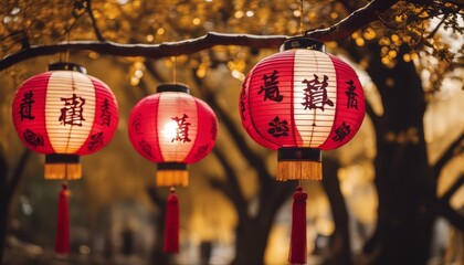 Beautiful traditional lanterns hanging from a tree during Chinese lunar new year - obrazy, fototapety, plakaty