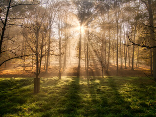 Mysterious foggy forest during autumn day