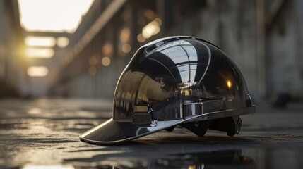 A beautifully crafted, ultra-realistic hard hat, with a reflective visor, set against a backdrop of soft, industrial gray.
