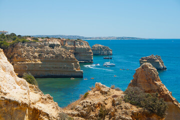 Marina Beach cliffs  (Praia da Marinha) in Lagoa, Faro District, Algarve, Southern Portugal.