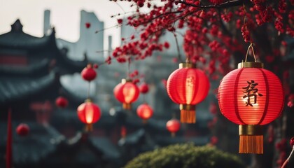 Obraz premium Beautiful traditional lanterns hanging from a tree during Chinese lunar new year