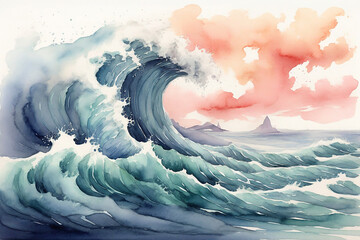 Watercolor illustration of a stormy sea with big waves and sky