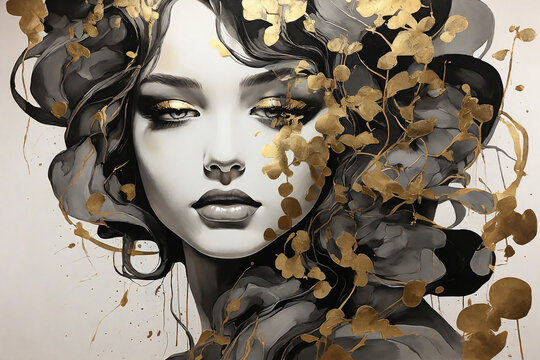 Wallpaper abstract drawing of a girl's face in black ink with gold in vintage color style