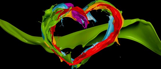 multicolor paints heart with green wave paint on black background illustration