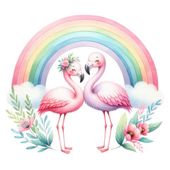 Watercolor Flamingos , Hand painted Flamingo couple with rainbow, valentines day clipart,watercolor Illustration Isolated on Transparent Background