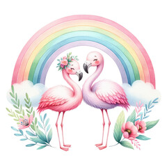 Obraz premium Watercolor Flamingos , Hand painted Flamingo couple with rainbow, valentines day clipart,watercolor Illustration Isolated on Transparent Background