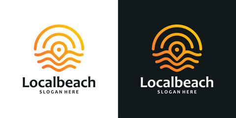 Pin location logo design template with wave logo and and the sun with an abstract line model graphic design vector. Symbol, icon, creative. - obrazy, fototapety, plakaty