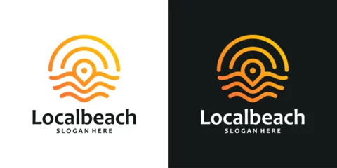 Tuinposter Pin location logo design template with wave logo and and the sun with an abstract line model graphic design vector. Symbol, icon, creative. © Crelaba_Std