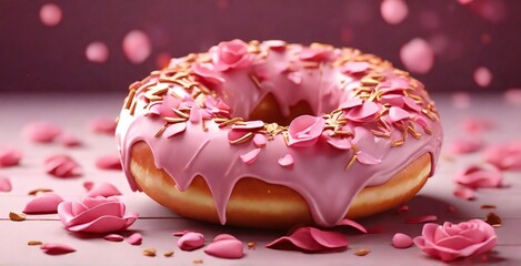 Obraz na płótnie Canvas pink donut with pink rose petals