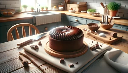 Foto op Plexiglas Intérieur de cuisine avec un gâteau au chocolat sur la table, illustrant l'art de cuisiner une pâtisserie délicieuse, un aliment réconfortant. © Sébastien