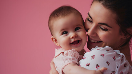 portrait d'une jeune maman et son bébé dans les bras sur fond rose - obrazy, fototapety, plakaty