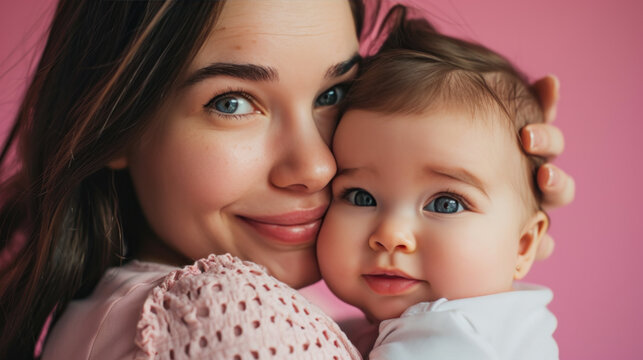 portrait d'une jeune maman et son b&eacute;b&eacute; dans les bras sur fond rose