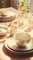 Table setting with flowers and decor in light colors, rays of sunlight falling on a table with light dishes and tablecloth