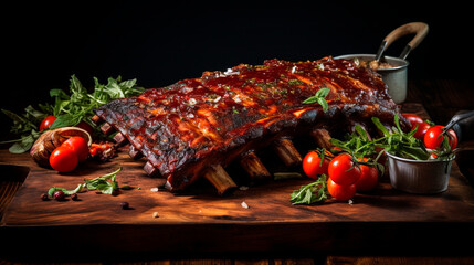 A rack of delicious ribs with barbecue sauce, vegetables and herbs. - obrazy, fototapety, plakaty