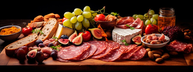 meat and vegetable cutting on the table on a wooden cutting board.