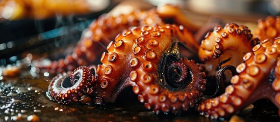 Tasty grilled octopus in a Portuguese eatery. - obrazy, fototapety, plakaty