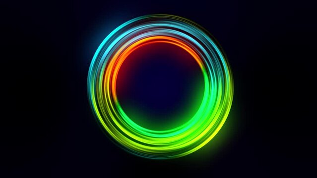 Colorful ring of rainbow streaks evolving and glowing as they spin. Expands on opening and runs for 00:15. Great for motion graphics and use as an overlay for corporate and artistic logos. 4K.